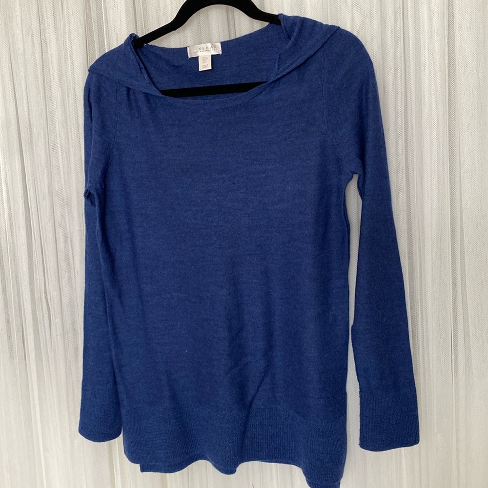 REDUCED! Kenar 100% merino wool lightweight blue hoodie side slits Size M